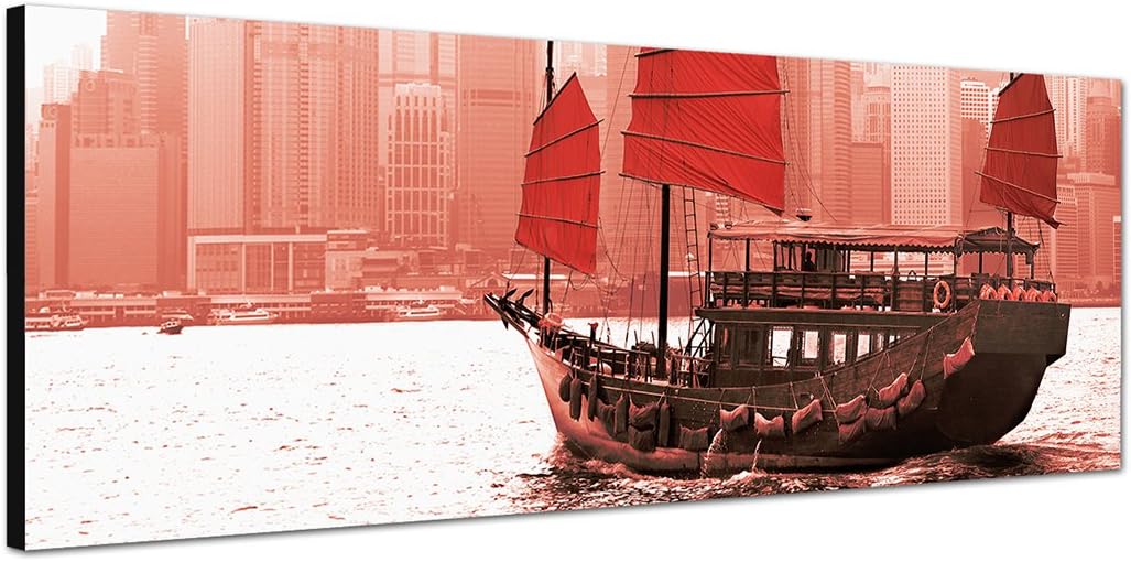 Paul Sinus Art Panoramabild auf Leinwand und Keilrahmen 150x50cm Hongkong Skyline Hafen Segelschiff