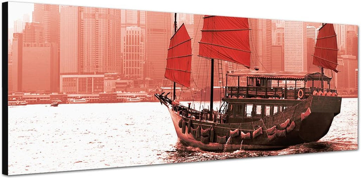 Paul Sinus Art Panoramabild auf Leinwand und Keilrahmen 150x50cm Hongkong Skyline Hafen Segelschiff