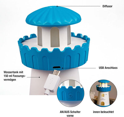 Hellum Luftbefeuchter dekorativ, tragbarer Mini Luftbefeuchter Leuchtturm in blau, Leuchtturm Diffus