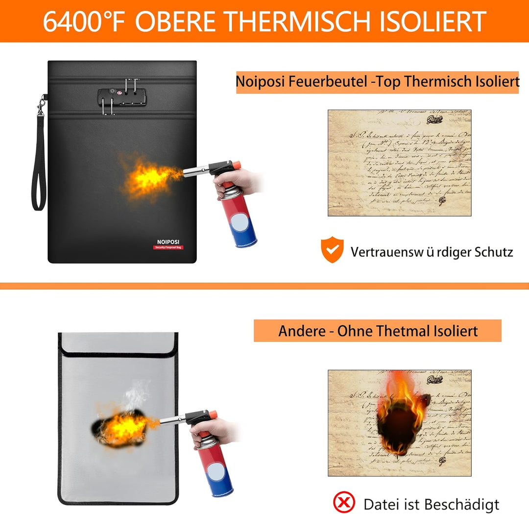 Noiposi 6400℉ Feuerfeste Dokumententasche mit Schloss, 38,1x27,9 cm Feuerfeste Tasche mit 2 Fächern