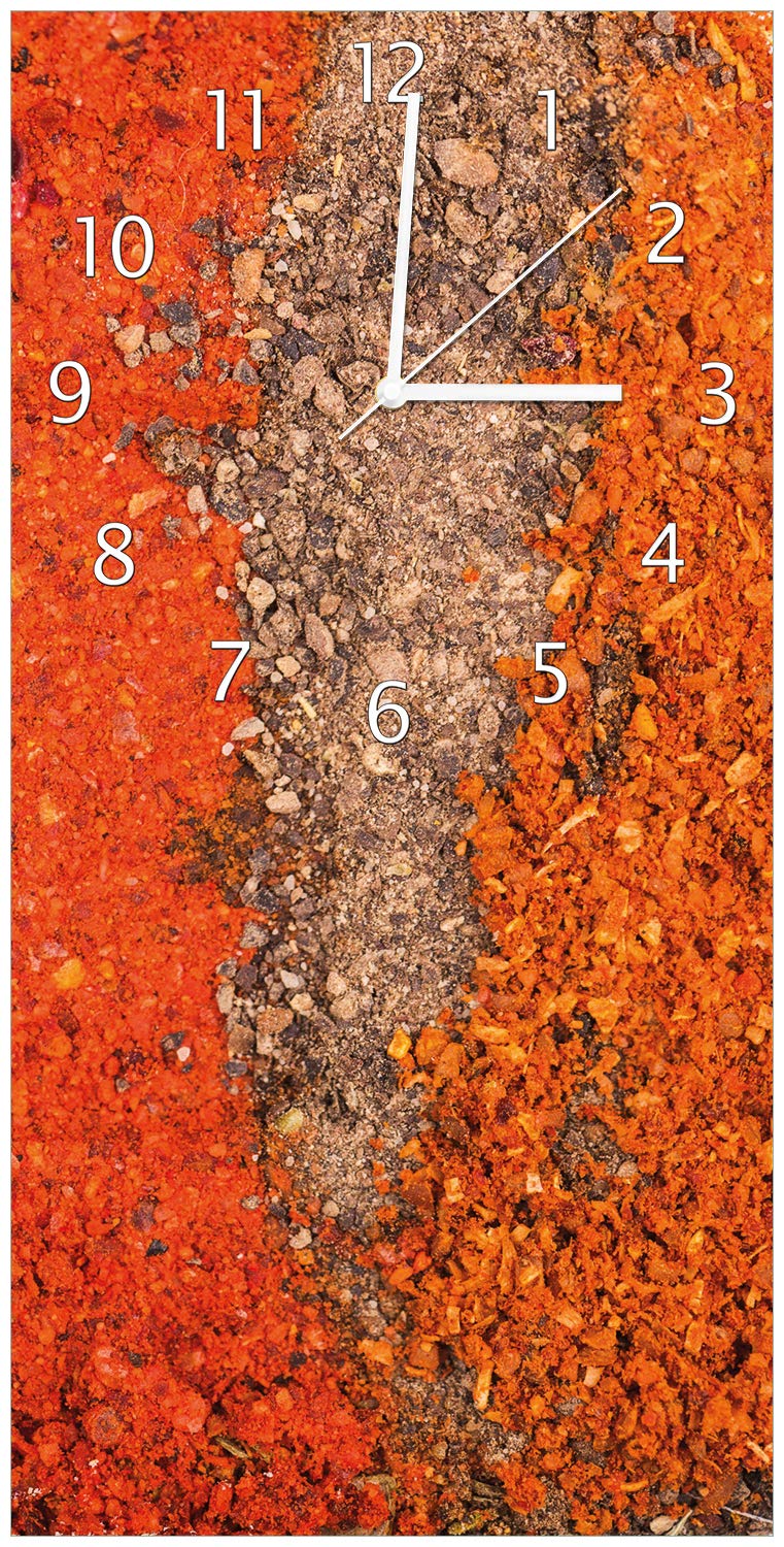 Wallario Design-Wanduhr Bunte Gewürze in Streifen - Chili, Curry usw. aus Glas, Motiv-Uhr Grösse 30