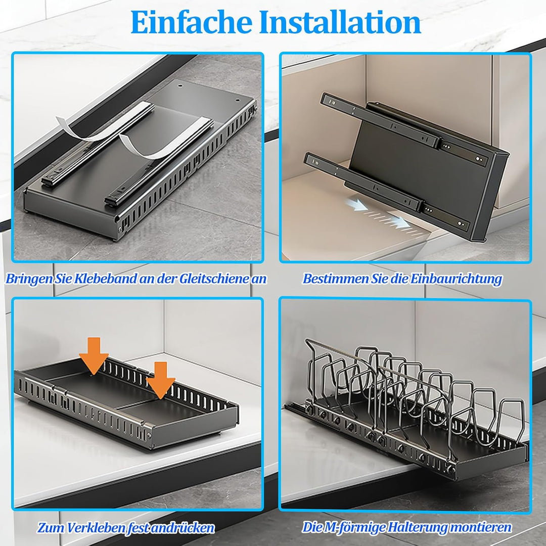 Topfdeckelhalter Ausziehbarer, Pfannenhalter für Schublade mit 12 Verstellbaren Teiler & Küchentuchh