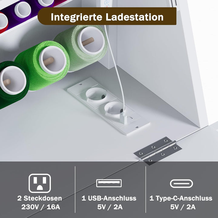 LED Nähtisch klappbar mit 33 Garnhalter & 2 Steckdosen, USB+Typ-C Nähmaschinenschrank mit viel Staur