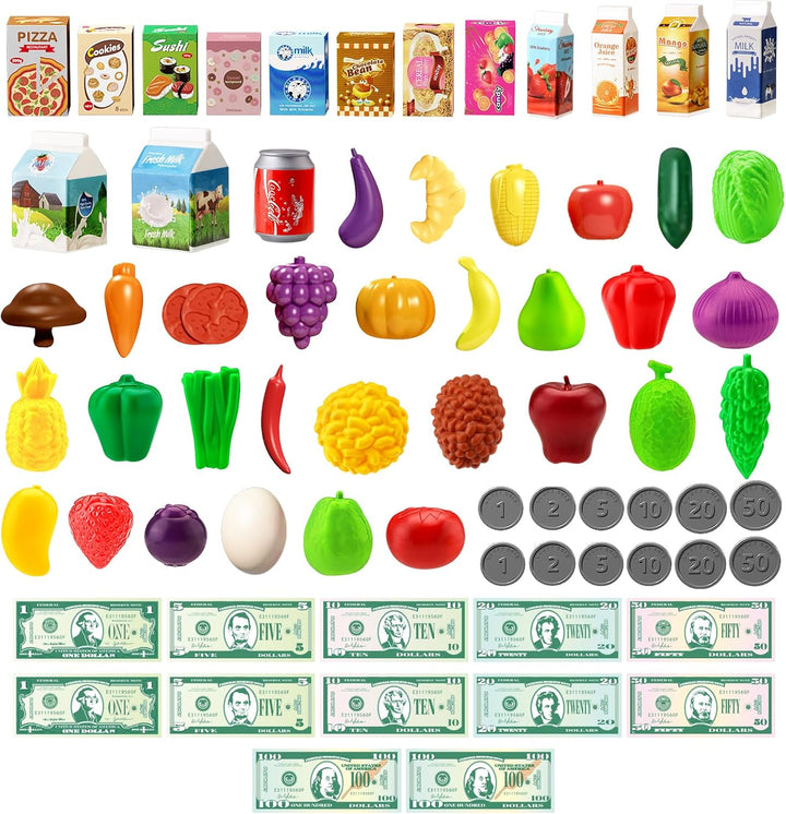 JOVOW Kinder Einkaufswagen Spielset, Zubehör für die Kaufladen 98 Stück mit Spielzeug Einkaufstasche