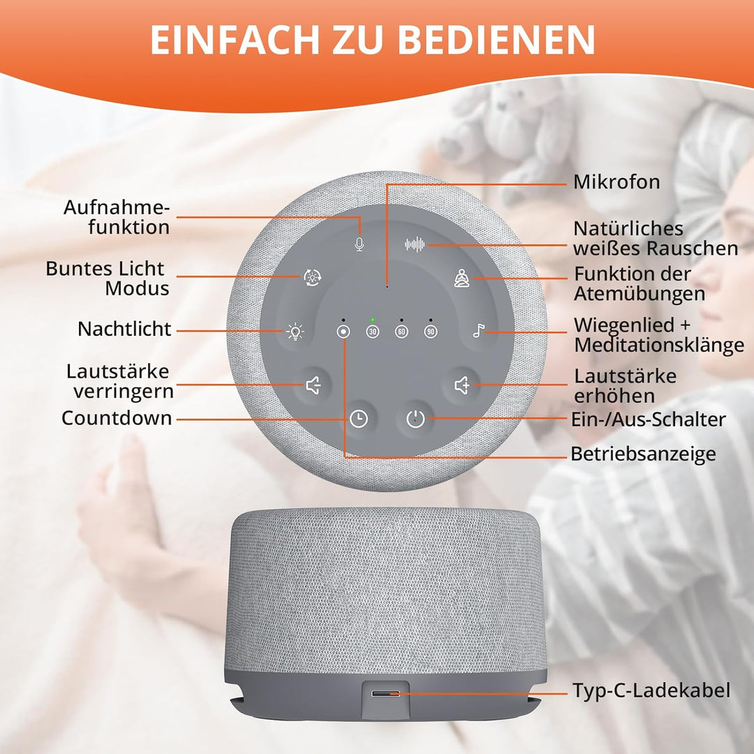 FUNYKICH White Noise Machine, 30 Klänge & Atemtraining, Aufnahmefunktion, Wireless Lautsprecher, 7 F