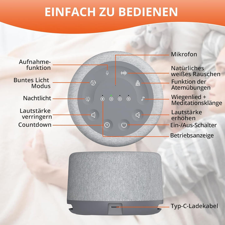 FUNYKICH White Noise Machine, 30 Klänge & Atemtraining, Aufnahmefunktion, Wireless Lautsprecher, 7 F