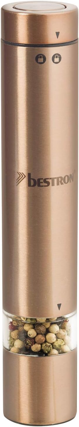 Bestron Elektrische Gewürzmühle für Salz und Pfeffer, Mit Keramik-Mahlwerk, Kupfer