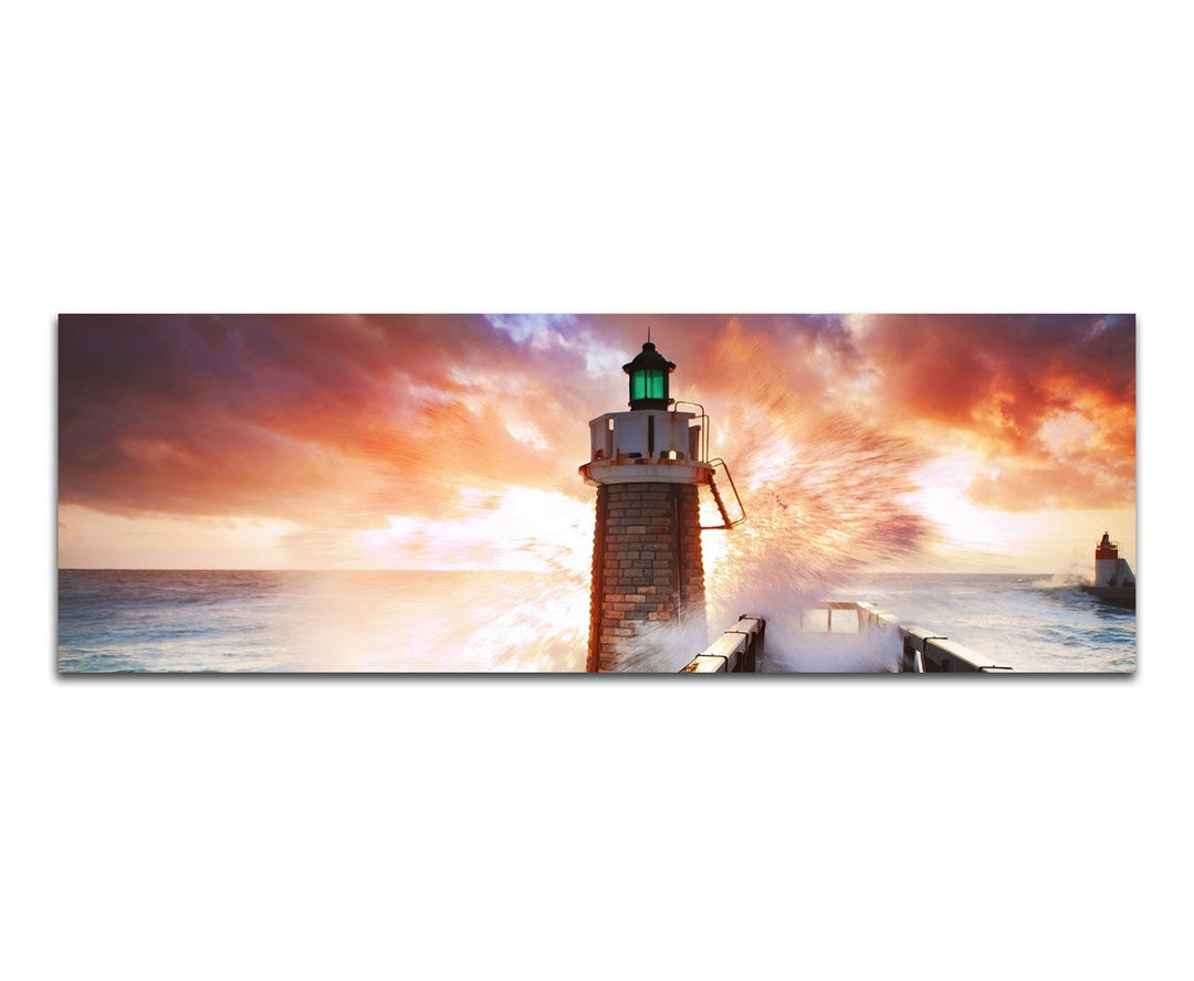 Paul Sinus Art Panoramabild auf Leinwand und Keilrahmen 150x50cm Meer Welle Leuchtturm Steg Wolkenhi