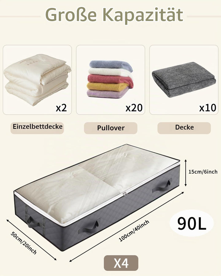 4 Stück Unterbett Aufbewahrungsbox mit Deckel 90L Unterbettkommode Kleidung Aufbewahrungstasche,4 Ha
