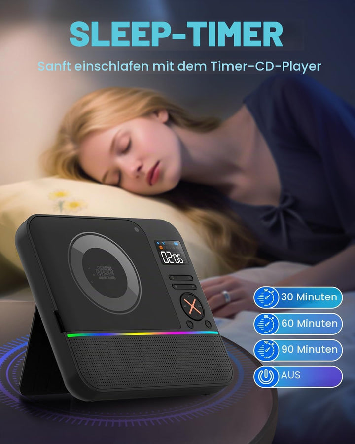 Tragbarer CD Player Bluetooth, Boombox Desktop CD-Player mit Bluetooth FM-Radio und RGB LED-Anzeige
