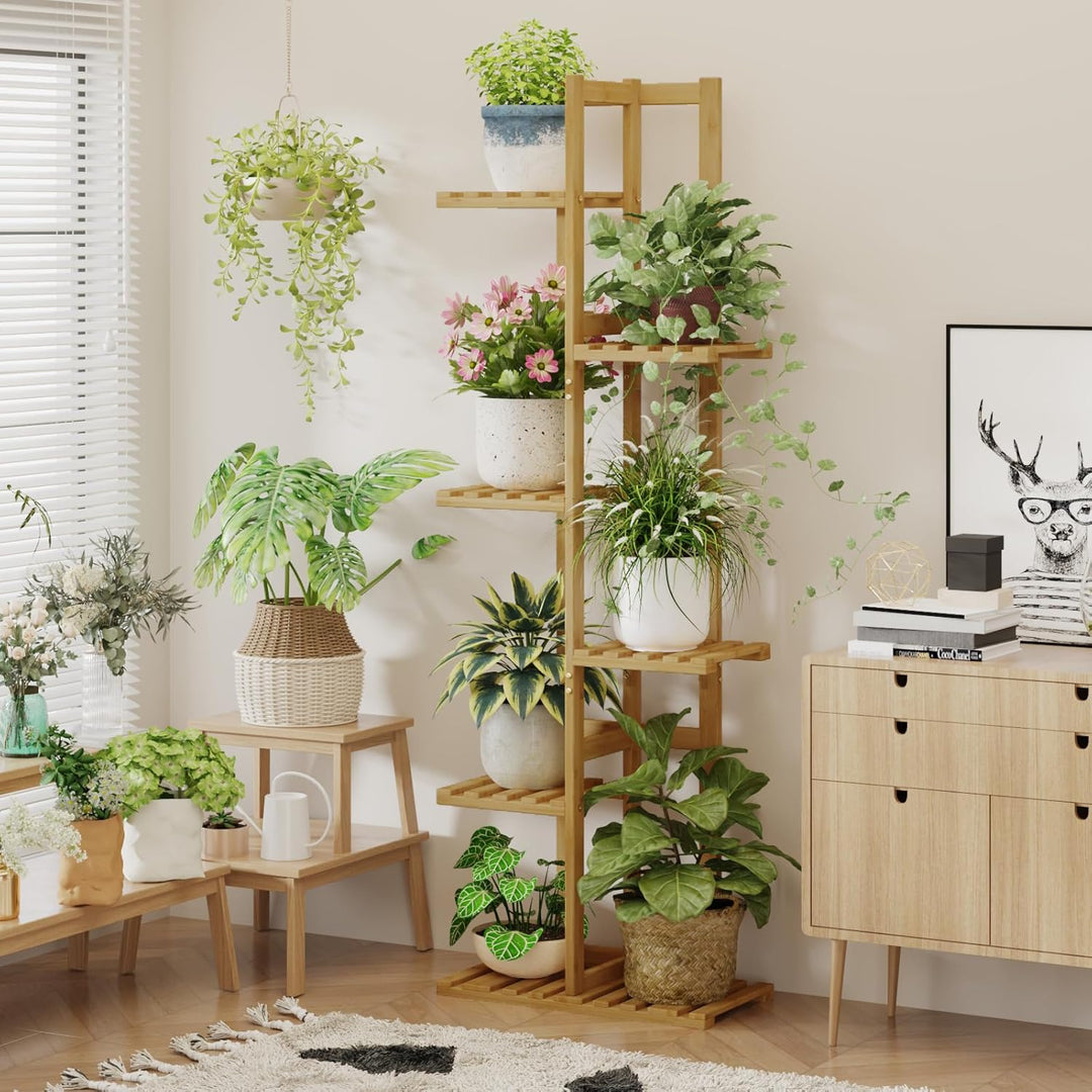 Bamworld Pflanzenständer Blumenständer Bambus Pflanzenregal Indoor Blumenregal Kleines Metall Blumen