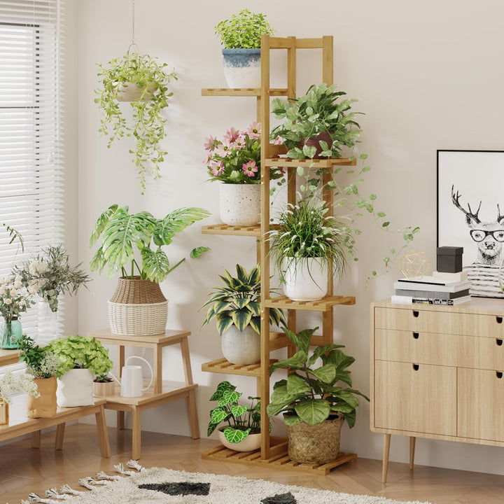 Bamworld Pflanzenständer Blumenständer Bambus Pflanzenregal Indoor Blumenregal Kleines Metall Blumen