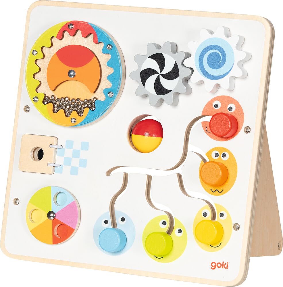 goki 59959 - Activity- und Motorikboard, Motorikspielzeug aus Holz mit Zahnrädern, Regenmacher, Schi