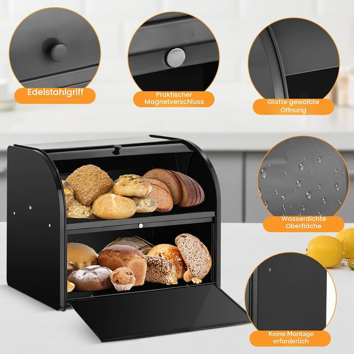 Edelstahl Brotkasten 2 Etagen mit Rolltop Deckel, extragrosser Brotbox Schwarz, Metall Brotbehälter