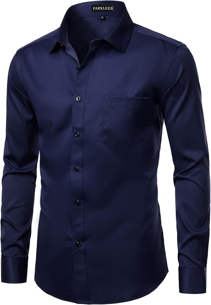 PARKLEES Herren Tailliert Freizeit Langarm Hemd Businesshemd für Hochzeit Business L Navy, L Navy