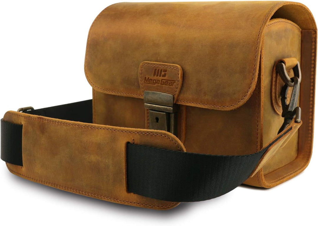 MegaGear Pebble Kameratasche - Kuriertasche aus echtem Leder für Spiegellose, Sofortbild- und DSLR K