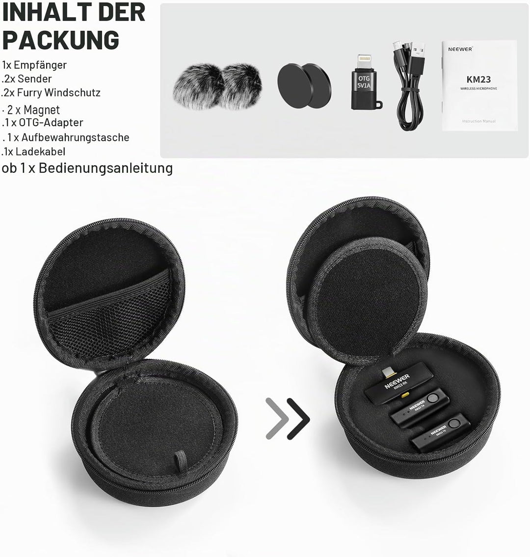 NEEWER Wireless Lavalier Mikrofonsystem, 1 x USB C Empfänger mit OTG Adapter 2 x Rauschunterdrückung