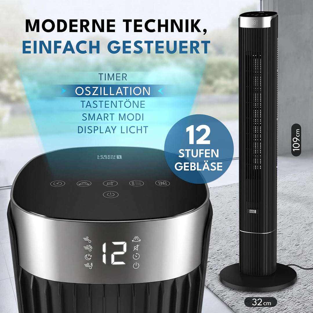LEBENLANG Turmventilator Sehr Leise 19,8 dB(A) - 4 Modi & 12 Geschwindigkeiten I 90° Oszillation Ven