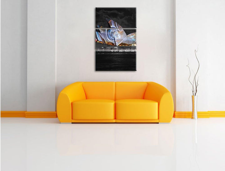 Pixxprint beeindruckende Sydney Opera House Lichter schwarz/weiss 3-Teiler Leinwandbild 120x80 Bild