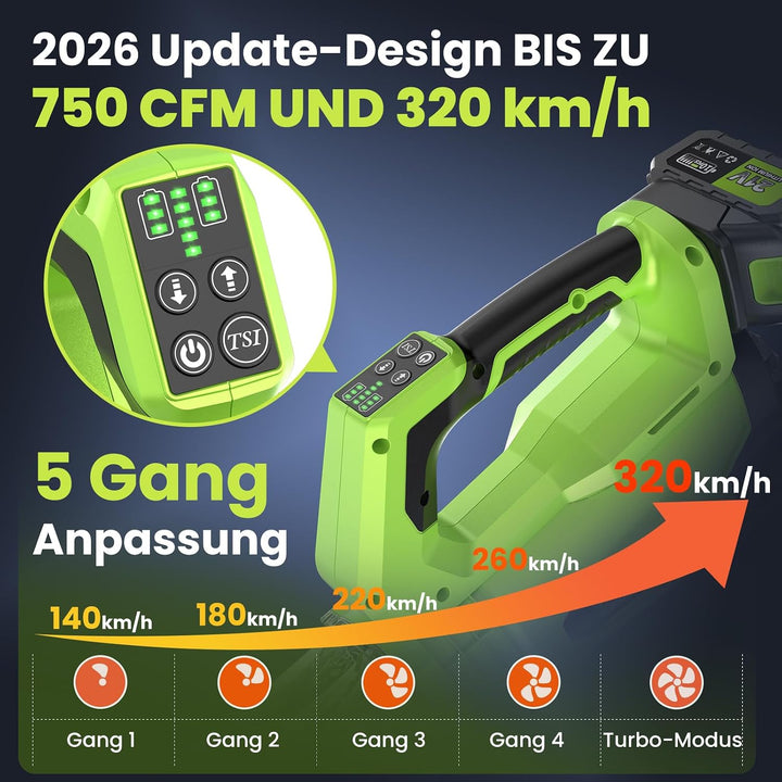 Laubbläser Akku, 320 km/h Laubsauger Akku mit 8000mAh Akkus, 5-Gang &amp; Turbomodus,750 CFM,98000 U/min