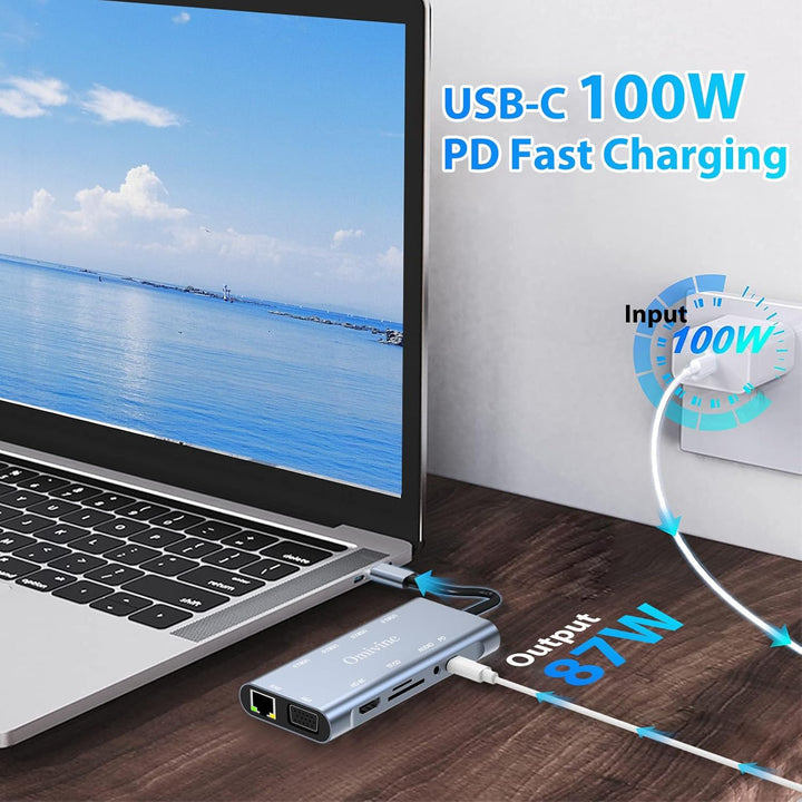 11-In-1 USB C Hub mit PD 100W, 4K HDMI, VGA, Ethernet, 1 X USB 3.0, 3 X USB 2.0, SD/TF Kartenleser,
