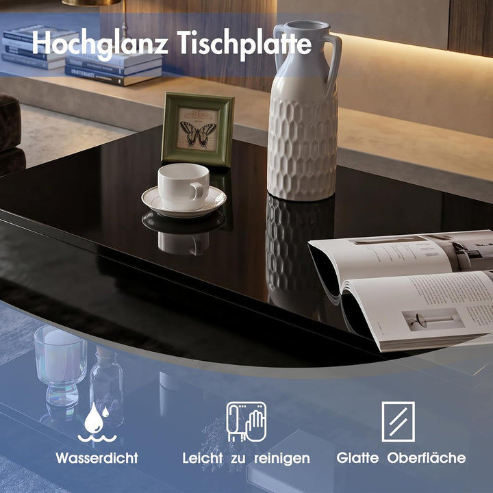 OC Orange-Casual Schwarz Couchtisch im Hochglanz, Moderner Kaffeetisch mit 2 Schuhbalden, Rechteckig