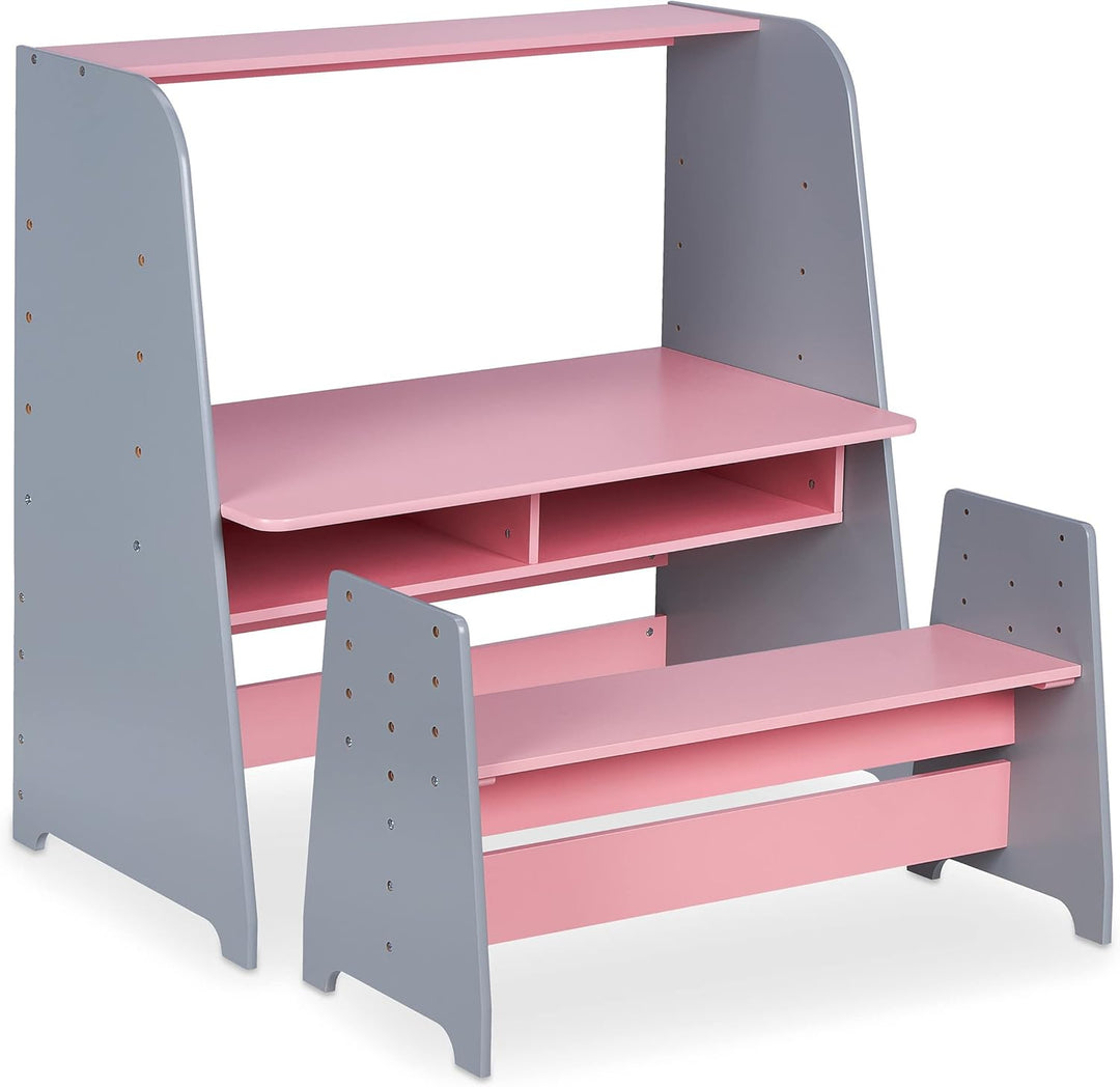 Relaxdays Kindertisch mit Sitzbank, 2 Fächer, höhenverstellbarer Kinderschreibtisch, HxBxT: 88 x 90