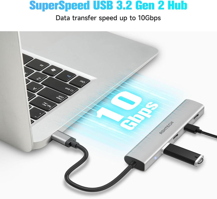 USB C Hub 10Gbps, RSHTECH 4-Port USB C 3.2 Hub Aluminium USB 3.1 Gen2 Ultra Slim Datenhub Portable M