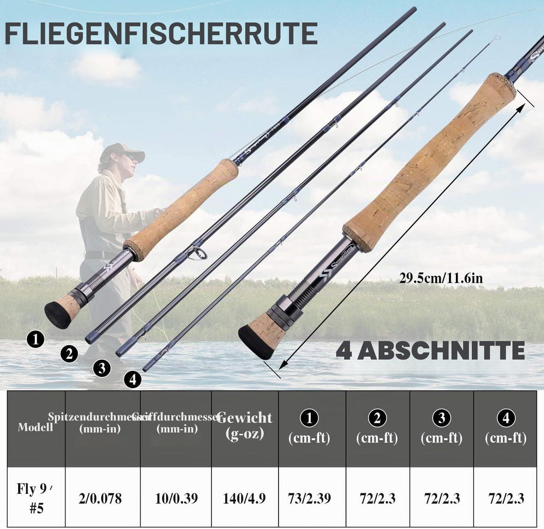 Sougayilang Fliegenfischrute, leicht, ultra-tragbar, 4 Stück, Graphit, Fliegenfischstange, 5/6 Kompl