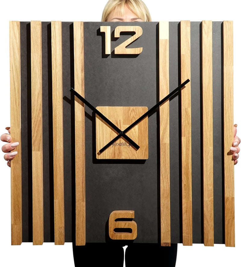 FLEXISTYLE Wanduhr gross aus Holz Lamellen SQ 60cm Holzoptik schwarz 3D Eiche modern ohne Ticken Woh
