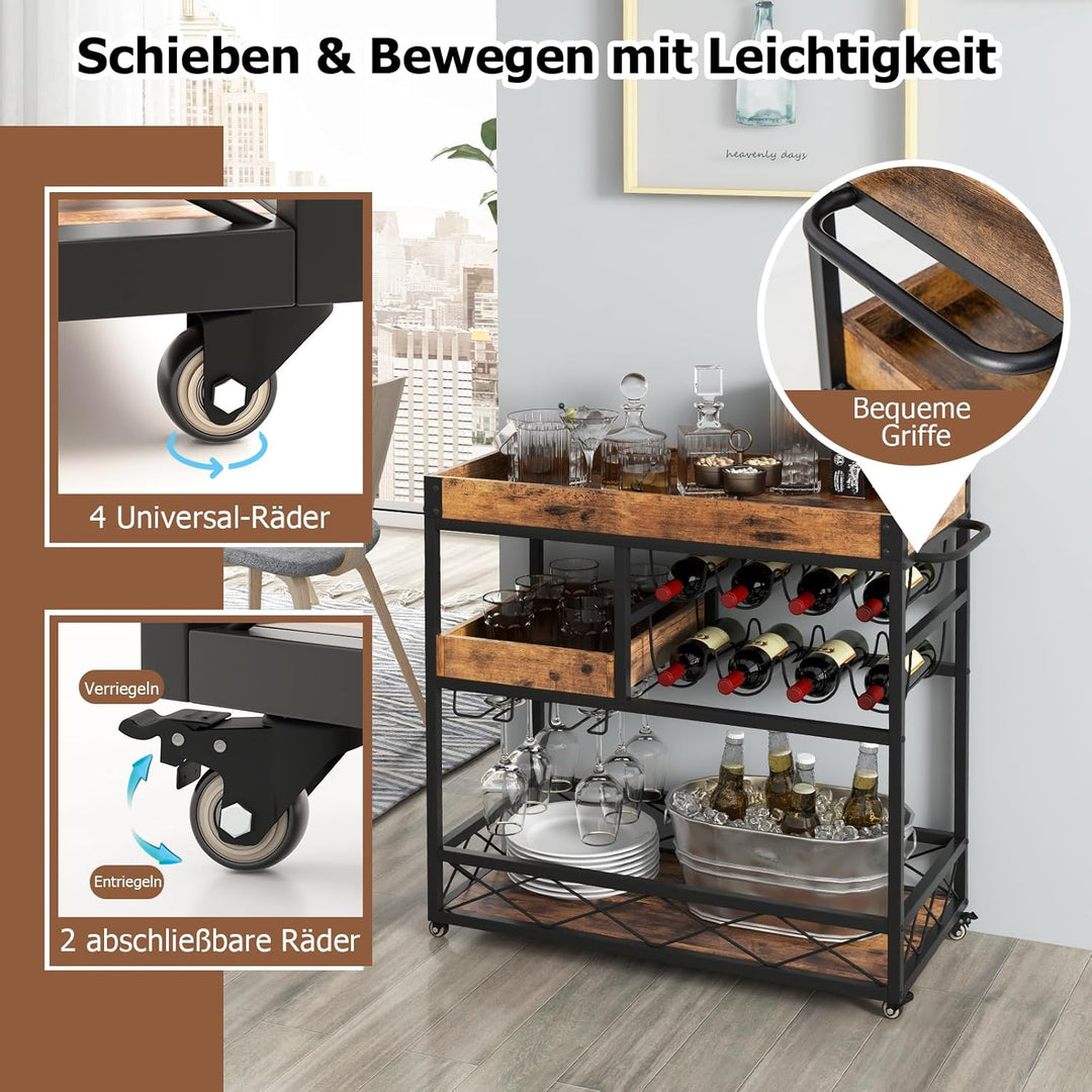 GOPLUS 3-stöckiger Servierwagen, mobiler Barwagen mit 8-Flaschen Weinregal und 12 Glashalter, Küchen