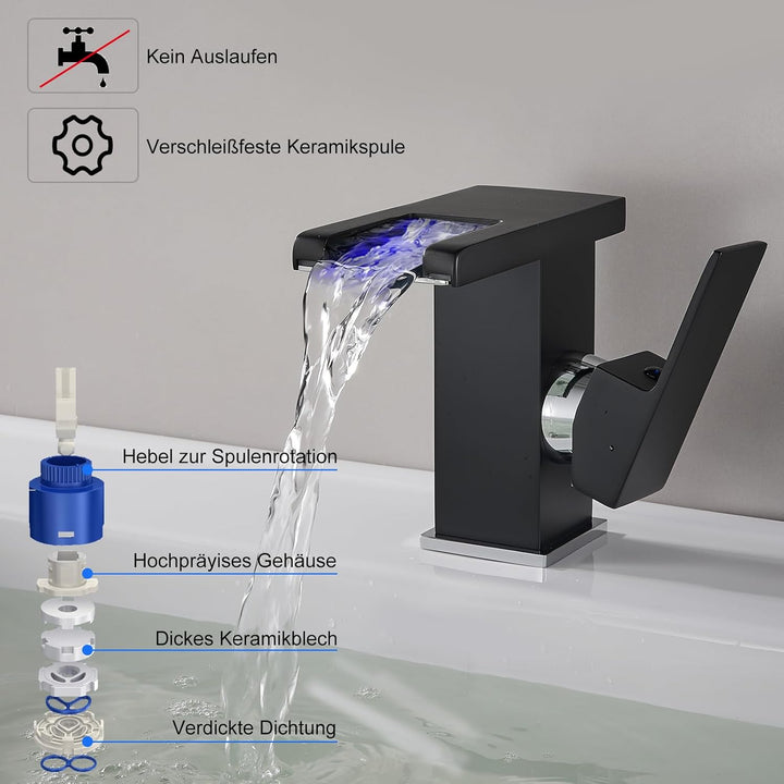 KEOKBON LED Lichter Bad Wasserhahn Schwarz, Farbtemperatur Wasserfall Waschtischarmatur, 3 Farbe Was