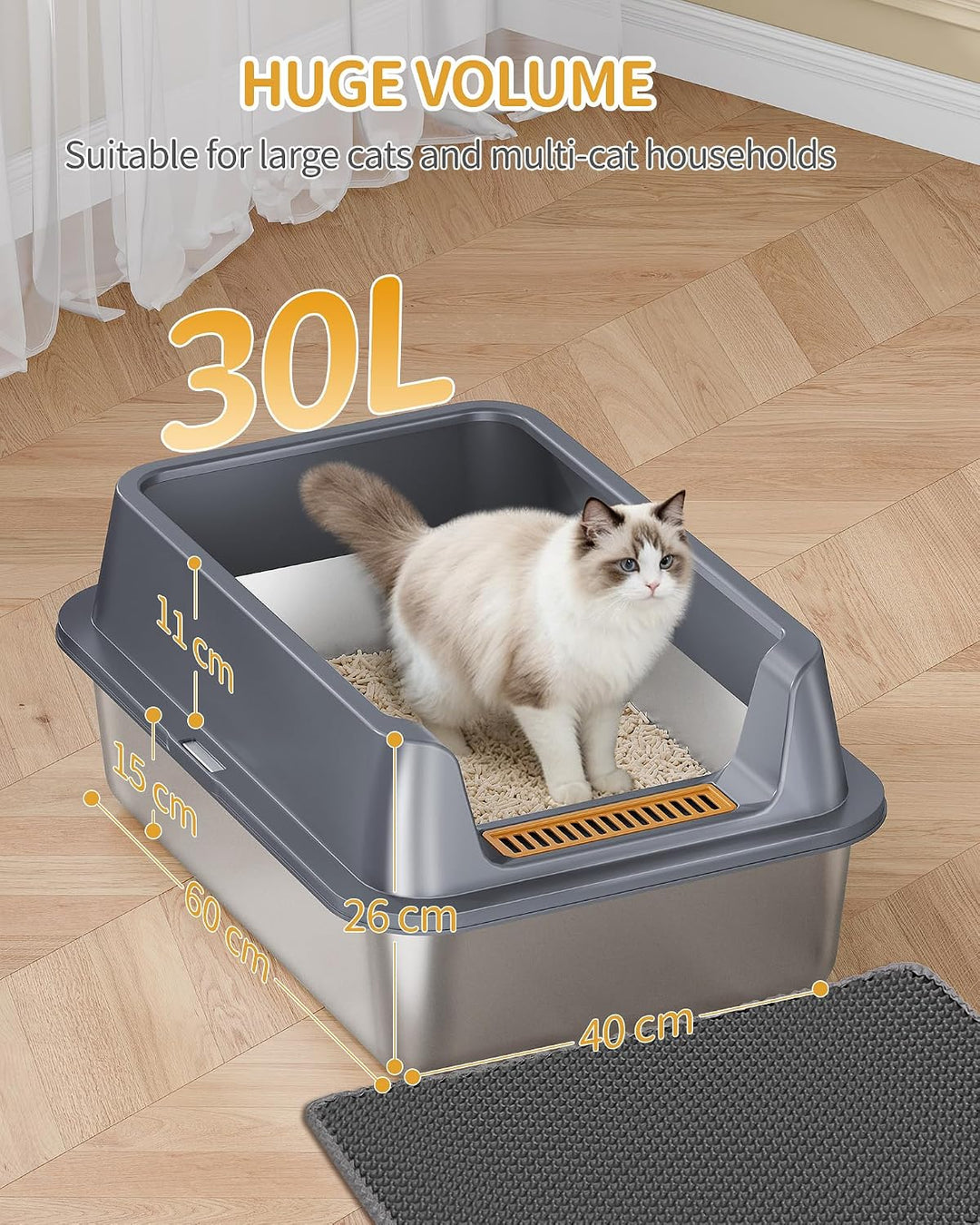 Hzuaneri Katzenklo Edelstahl XXL, 60 × 40 × 26 cm, Katzenklo mit Hoher Rand, mit XL-Matte, Schaufel,