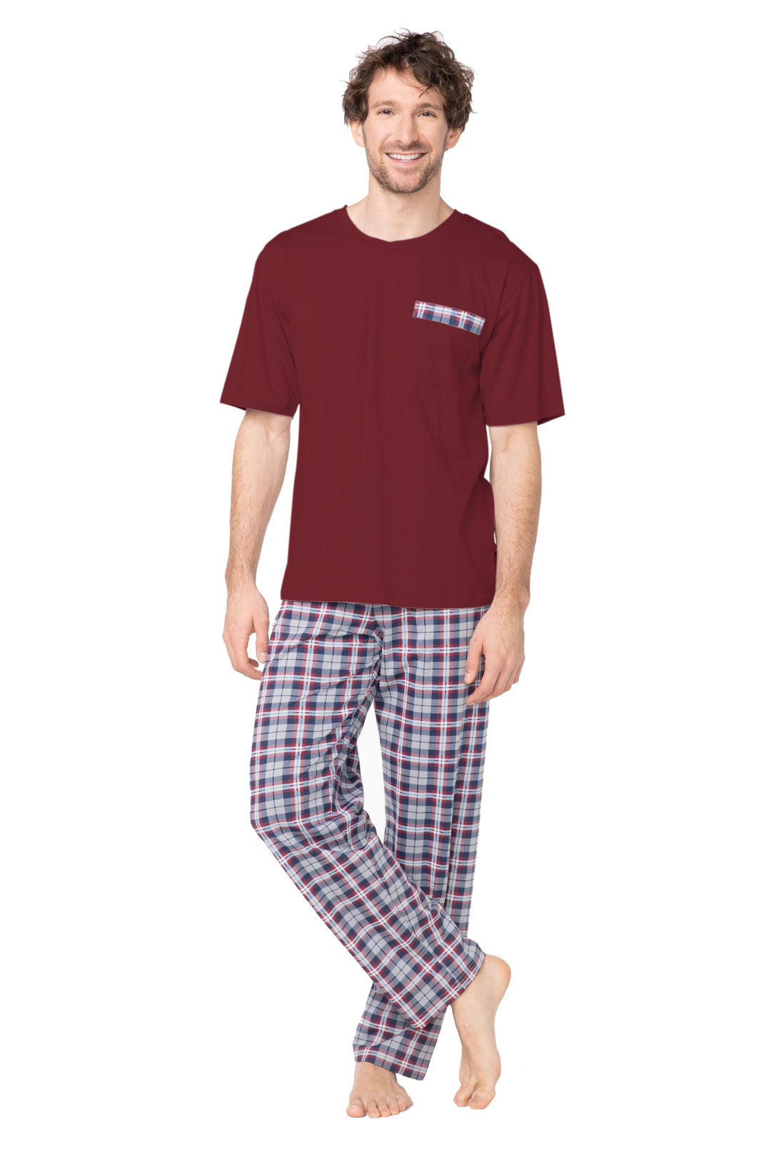 e.VIP® Herren Schlafanzug Chris SL 328A aus 100% Baumwolle L Weinrot/Weinrot Kariert, L Weinrot/Wein