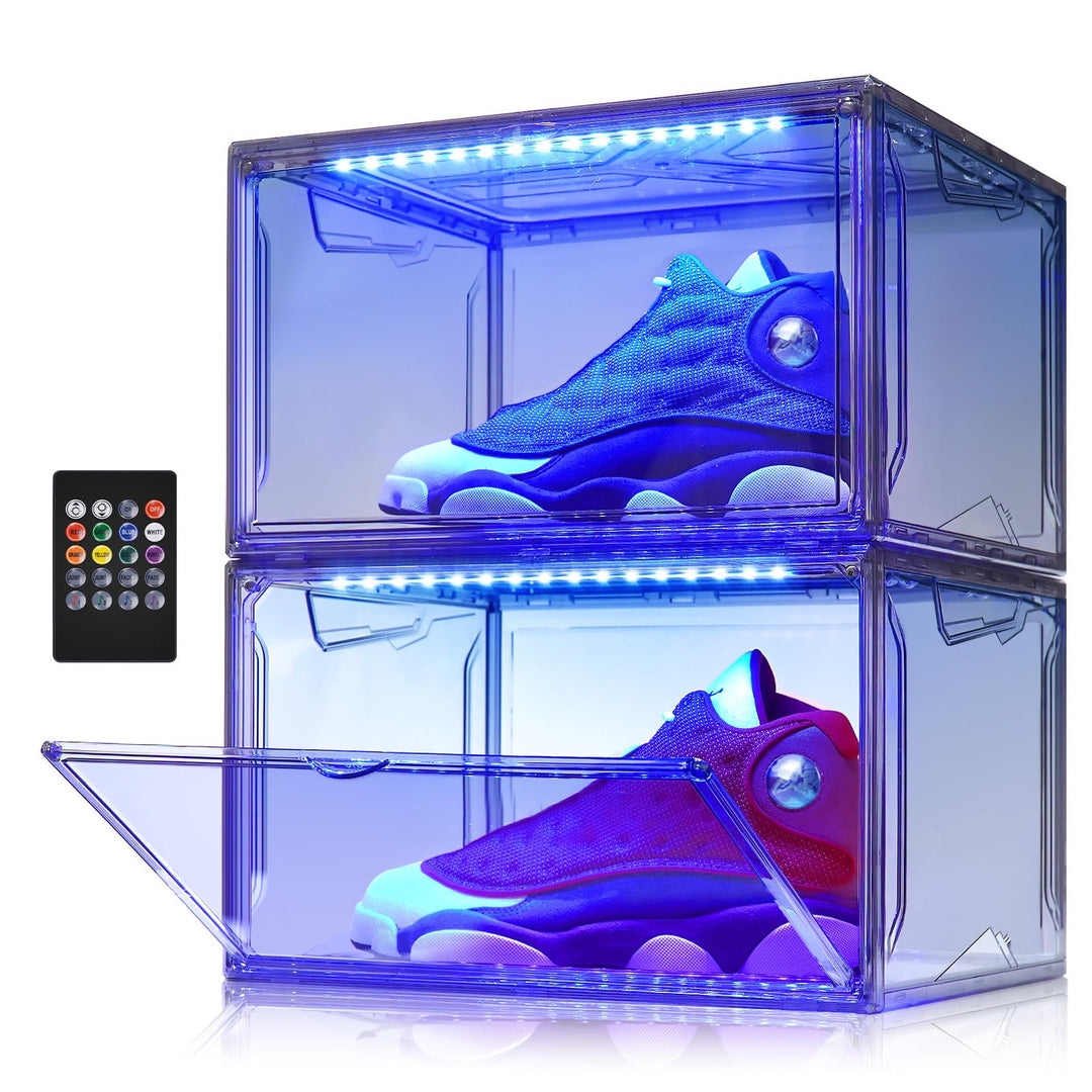 LED Schuhboxen Stapelbar, 2er Set, Schuh-Organizer aus Kunststoff, Schuhaufbewahrung Platzsparend, M