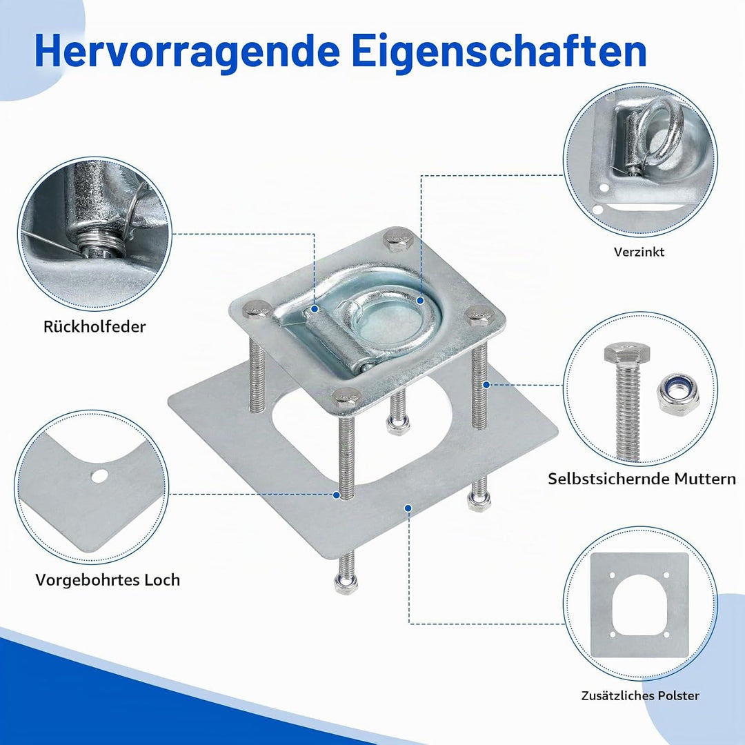 4pcs Zurrösen für Anhänger mit Gegenplatte &amp; Schrauben, Zurrmulden Anhänger Ösen Verzinkte Verzurrös