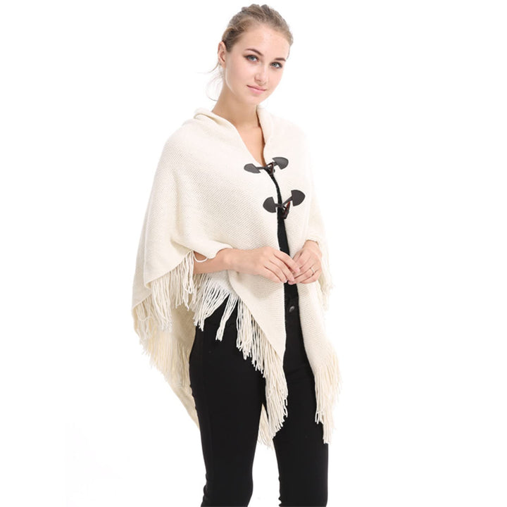 SUZALA Poncho Schal Wrap, Damen Elegant Strickschal Poncho mit Fransen Schnalle-hellbeige, Schnalle-