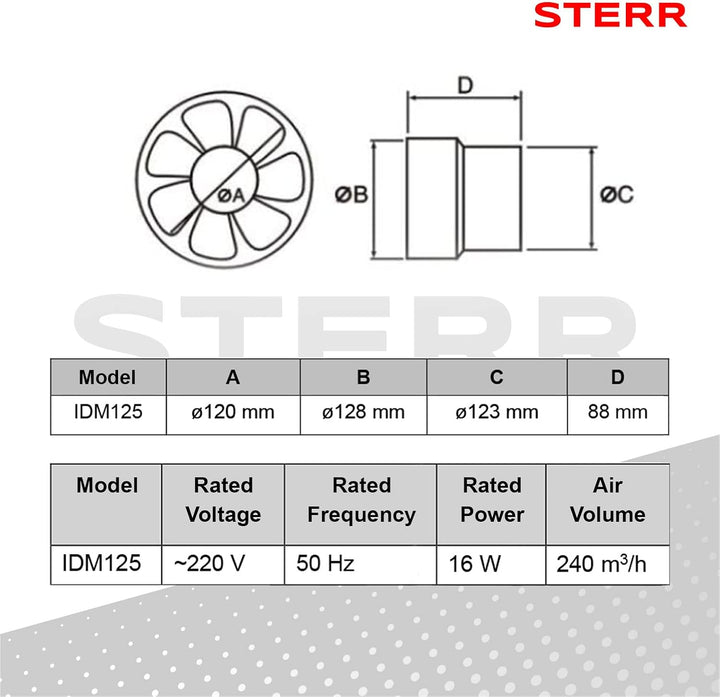 STERR IDM125 Rohrventilator 125 mm - Rohrlüfter - Hohe Qualität - Leise - Für Bad WC - Küche - Gewäc