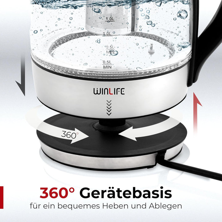 Wasserkocher 1,8L mit Temperatureinstellung 60°C bis 100°C | aus hochwertigem Borosilikatglas | BPA-