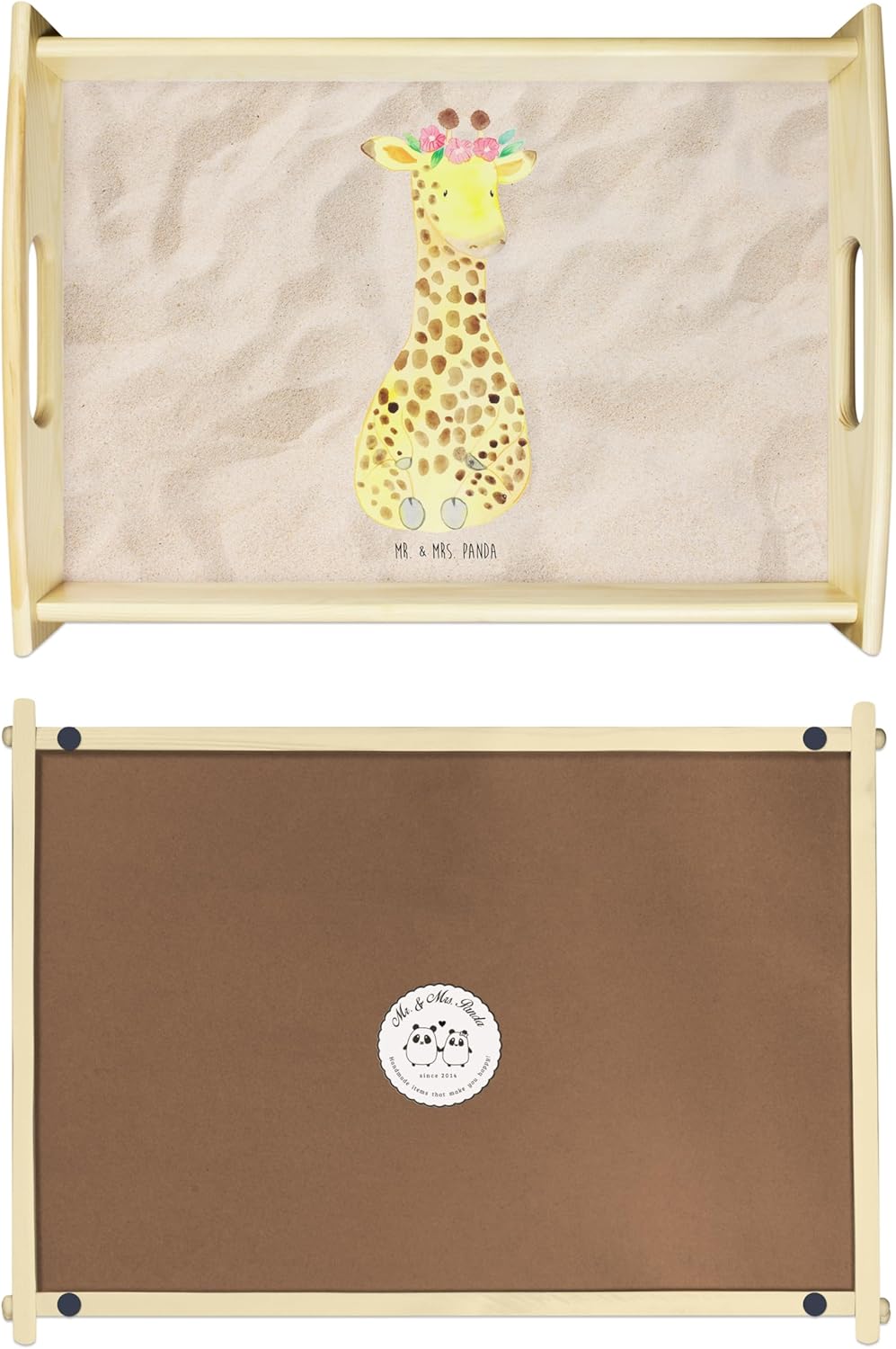 Mr. & Mrs. Panda Dekotablett Giraffe Blumenkranz - Geschenk, Afrika, Abenteurer, Holztablett, Selbst