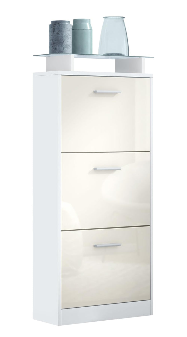 Vladon Schuhschrank Lavia V2, Schuhkipper für 12 Paar Schuhe mit 3 Klappen und Glasablage, Weiss mat