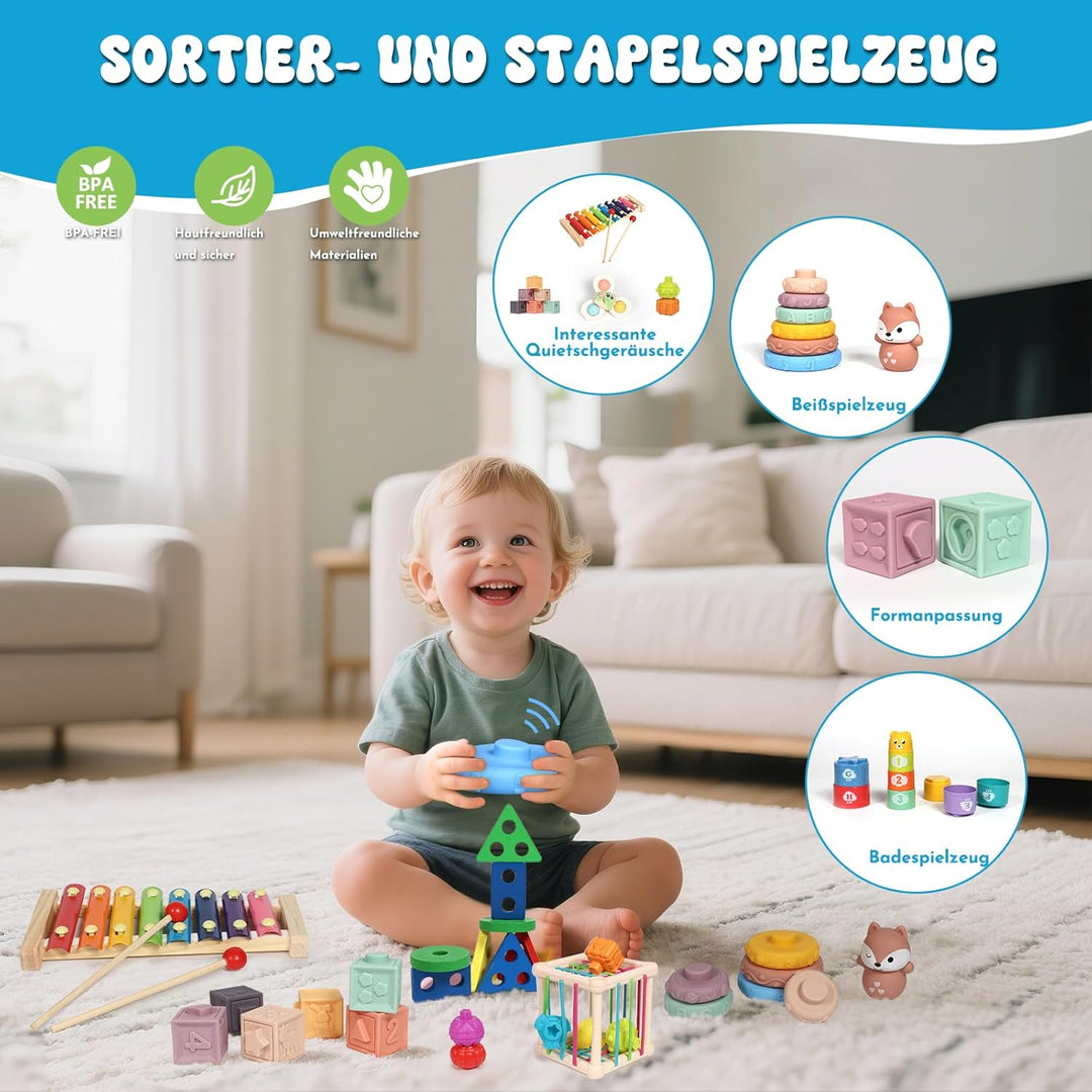 LearnToy Baby Spielzeug 6-18 Monate - Montessori 7-in-1 Aktivitätsset mit Stapelblöcken, Beissring &