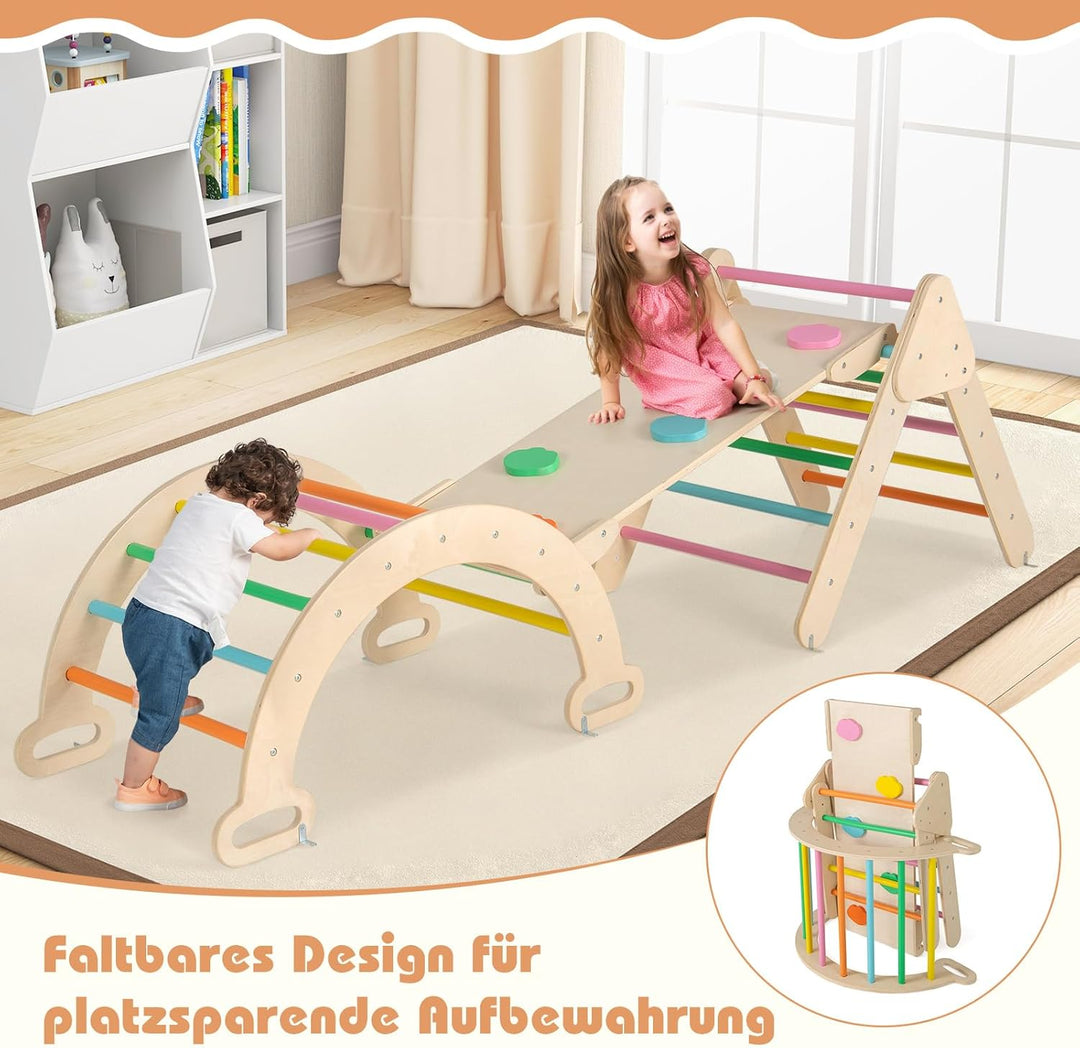 GOPLUS Klettergerüst Indoor, 4 in 1 Kletterdreieck & Kletterbogen & Leiter & Rutsche, Sprossendreiec