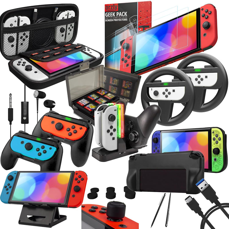 Orzly Switch Accessories Bundle Geek Pack for Nintendo Switch: Case & Screen Protector, Joycon Grips