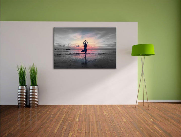 Yoga am Strand B&W Detail, Format: 100x70 auf Leinwand, XXL riesige Bilder fertig gerahmt mit Keilra