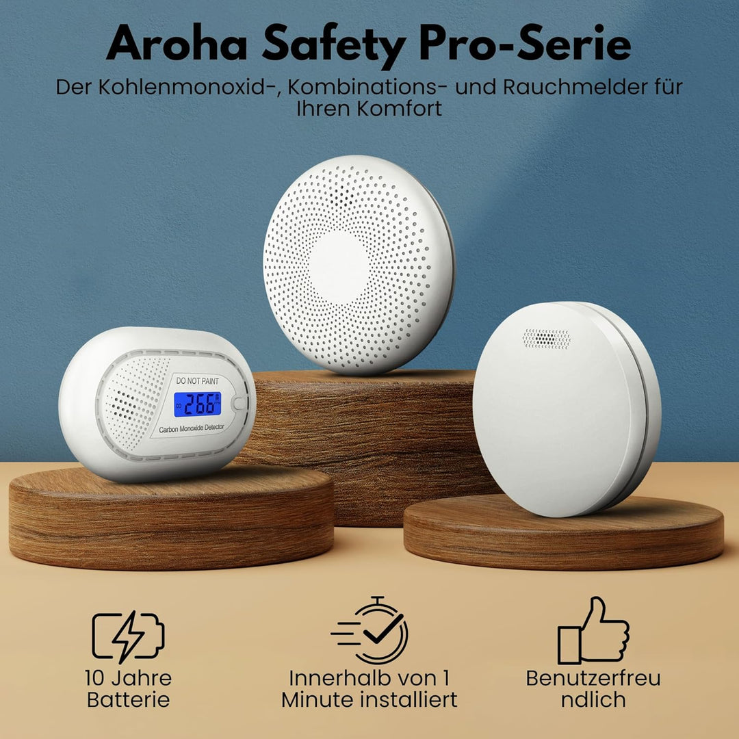Kohlenmonoxid Melder - 10 Jahre Batterie - Aroha Safety Pro CO Melder, CO Gaswarner, CO Warner, Kohl