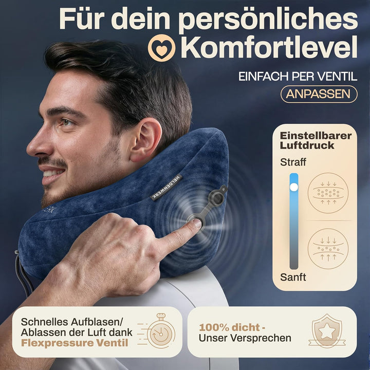 HELDENWERK® Air Nackenkissen Flugzeug Aufblasbar | Reisekissen für 5 Schlafpositionen, schnell aufbl