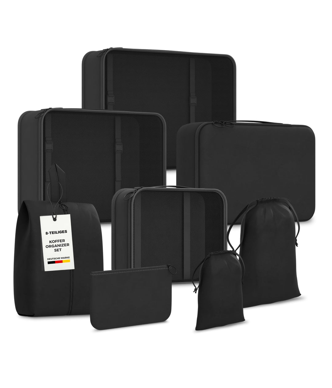 Yunik® Koffer Organizer Set 8-teilig schwarz – Kompressionstaschen für Kleidung, Schuhe &amp; Technik –