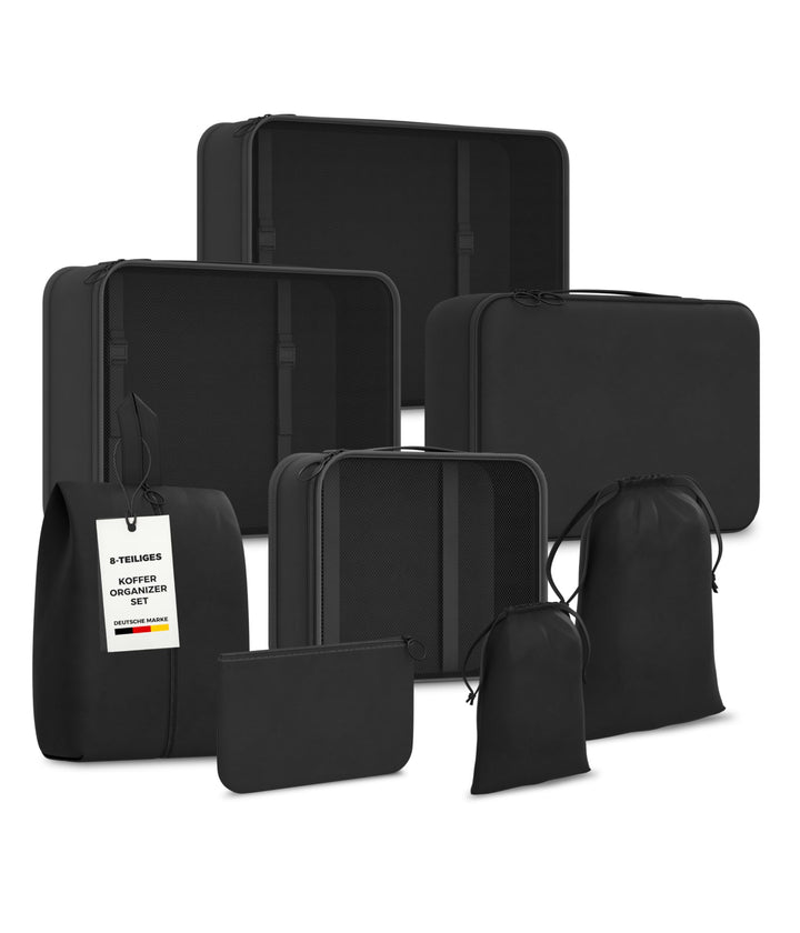 Yunik® Koffer Organizer Set 8-teilig schwarz – Kompressionstaschen für Kleidung, Schuhe &amp; Technik –