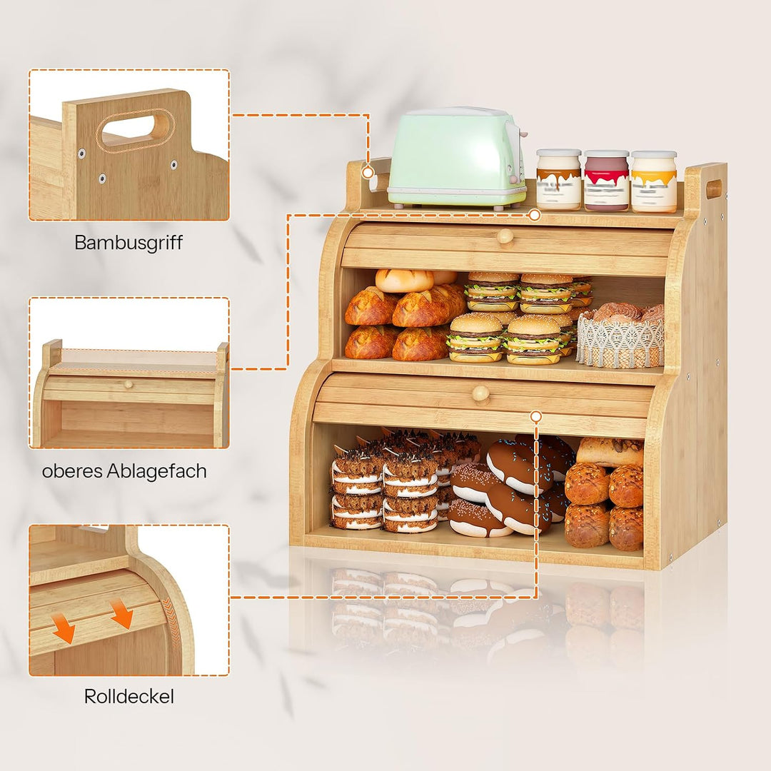HOOBRO 2-stöckiger Brotkasten aus Bambus mit Rolldeckel, Brotkorb, Brotbox, Brotbehälter mit Griffen